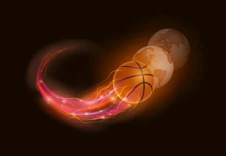 Basketball ball in flames and lights with world spheres against black background  Vector illustration のイラスト素材