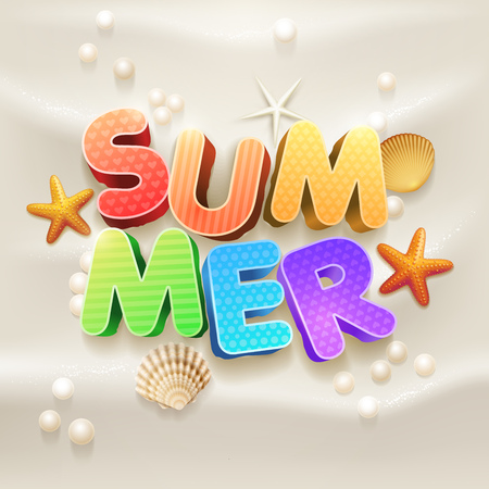 3d summer on the beach sand with starfish, shell and pearls  Elements are layered separately in vector file のイラスト素材