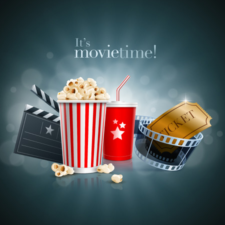 Popcorn box, Disposable cup for beverages with straw, film strip, ticket and clapper boardのイラスト素材