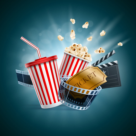 Popcorn box, disposable cup for beverages with straw, film strip, clapper board and ticket. Cinema Poster Design Template. Detailed vector illustration. のイラスト素材