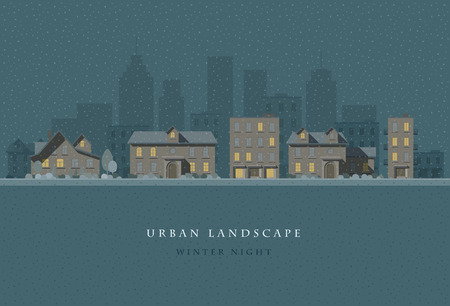 flat illustration of winter night city landscape. のイラスト素材