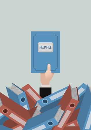 Businessman hand reaches out from a pile of paperwork with help file folder.のイラスト素材
