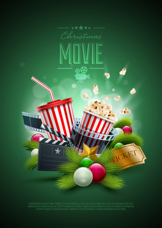 Christmas ornaments, Popcorn box; Disposable scup for beverages with straw, film strip and ticket. Detailed vector illustration. Poster design template. EPS10 file.のイラスト素材