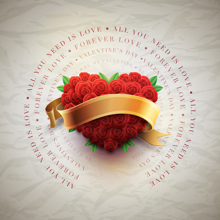 Vector retro Valentine's Day greeting card design template with roses and wrinkled paper background. Elements are layered separately in vector file.のイラスト素材
