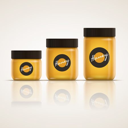 Vector realistic illustration of honey or jam jar collection. Yellow is a global color. Easy editable. CMYK mode. Print ready.のイラスト素材