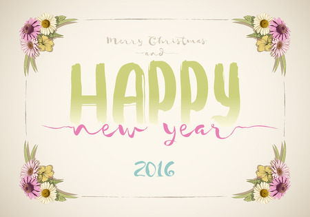 Christmas and happy new year message board with colorful vintage hand drawn flowers.のイラスト素材