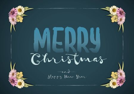 Christmas and happy new year message board with colorful vintage hand drawn flowers.のイラスト素材