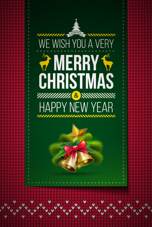Merry Christmas and Happy New Year message on northern style vector knitted pattern. Elements are layered separately in vector file. Global colors. Easy editable.のイラスト素材