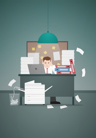 Stressful businessman in office with too many stack of paper and folder on his desk. Vector illustration.のイラスト素材