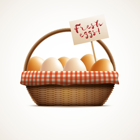 Vector illustration of eggs in wicker basket with label. Elements are layered separately in vector file.のイラスト素材
