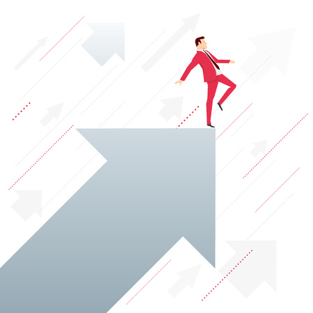Red suit businessman standing on arrow like an acrobat. Vector concept illustration.のイラスト素材