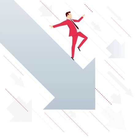 Red suit businessman falling down with arrow. Vector concept illustration.のイラスト素材
