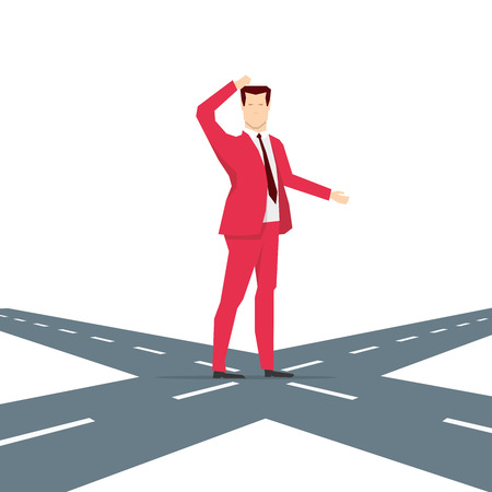 Red suit businessman thinking for choice. Vector concept illustration.のイラスト素材