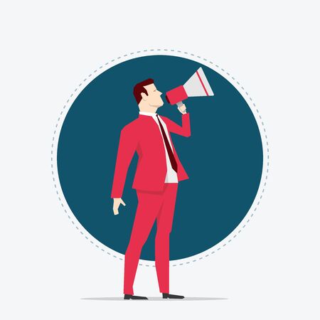Businessman in red suit. Megaphone. Flat style vector illustration.のイラスト素材