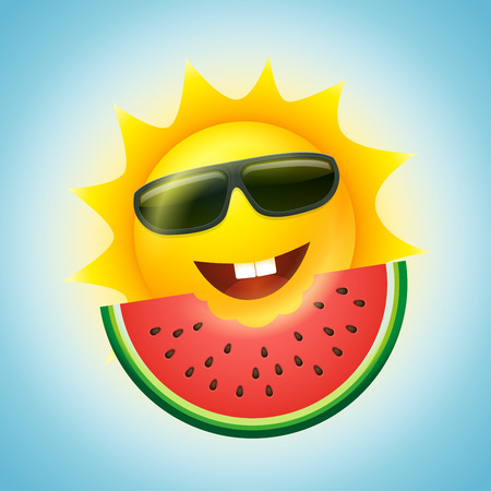 Vector summer concept illustration. Cartoon sun character and watermelon slice.のイラスト素材