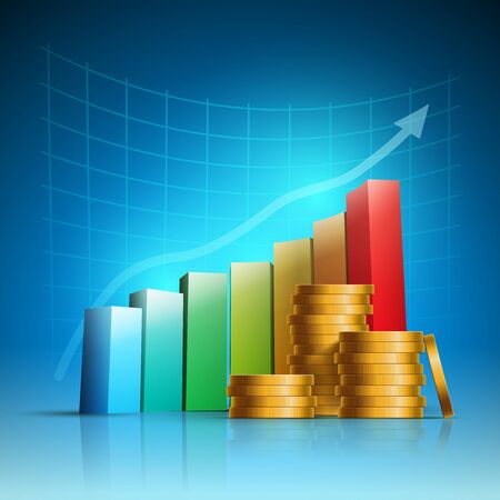 Vector stacked golden coins and colorful bar graph. Vector illustration.のイラスト素材
