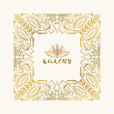 Vector hand drawn frame. Border is made with bakery elements.のイラスト素材