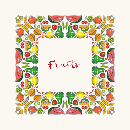 Vector hand drawn frame. Border is made with seamless pattern with fruits.のイラスト素材