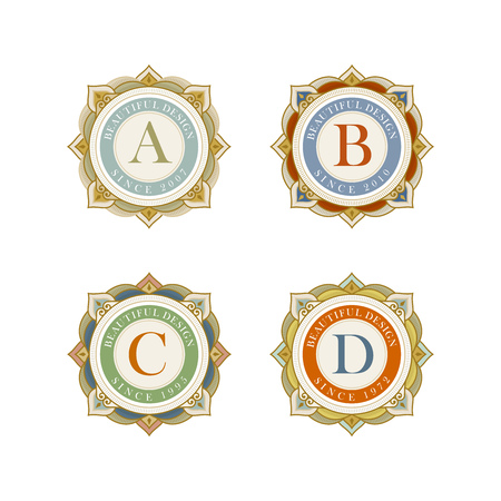 Vector luxury elegant frame ornament line logo design set. Monogram emblem template collection. Ideal for restaurant, hotel, jewelry, boutique, cafe, heraldic, fashion or royal sign.のイラスト素材