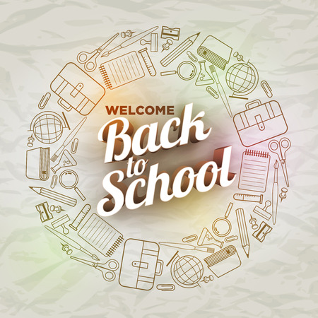Back to School text and school supply icons on wrinkled paper.のイラスト素材