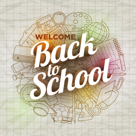 Back to School text and school supply icons on wrinkled paper.のイラスト素材