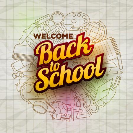 Welcome Back to School text and school supplies icons on wrinkled paper.のイラスト素材