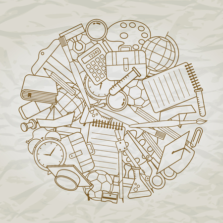 school supply icons on wrinkled paper.のイラスト素材