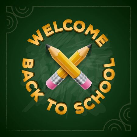 Welcome Back to School type and yellow pencils on green chalkboard.のイラスト素材