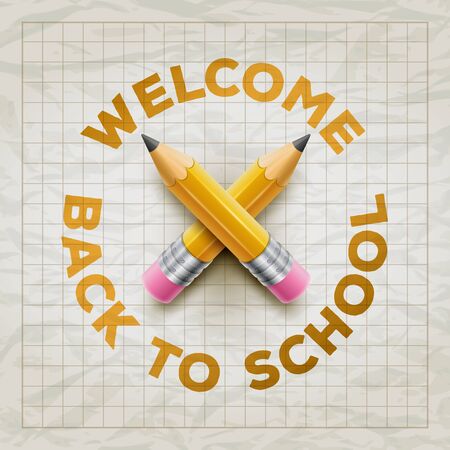 Welcome Back to School type and yellow pencils on wrinkled squared paper. Vector illustration.のイラスト素材