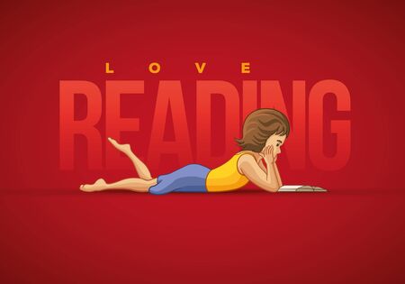 Girl lying down and reading book. Vector illustration and poster design template.のイラスト素材