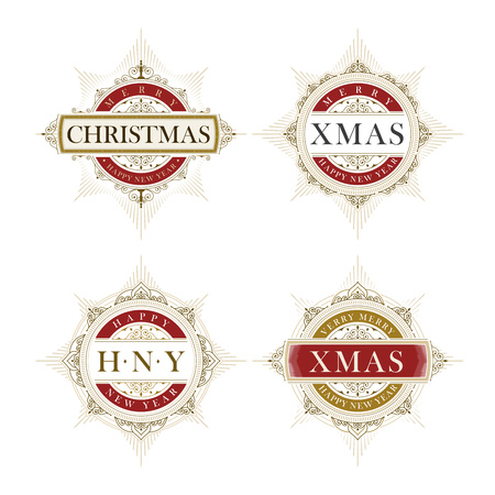 Vector luxury elegant Christmas and Happy New Year vector frame and emblem template collection.のイラスト素材