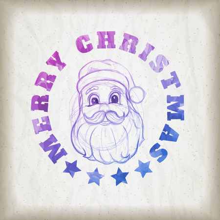Sketch style Santa Claus portrait illustration and Merry Christmas message on wrinkled paper background. Christmas greeting card design.のイラスト素材
