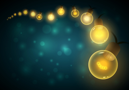 Old style warm bulbs hanging on the bokeh night background. Vector illustration. Copy space. Ideal for christmas, new year, ramadan or all festive holidays.のイラスト素材