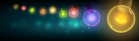 Old style colorful warm bulbs hanging on the bokeh night background. Vector banner illustration. Copy space. Ideal for christmas, new year, ramadan or all festive holidays.のイラスト素材