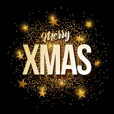 Merry Xmas banner with gold glitter. Christmas typographic vector illustration. Elements are layered separately in vector file.のイラスト素材