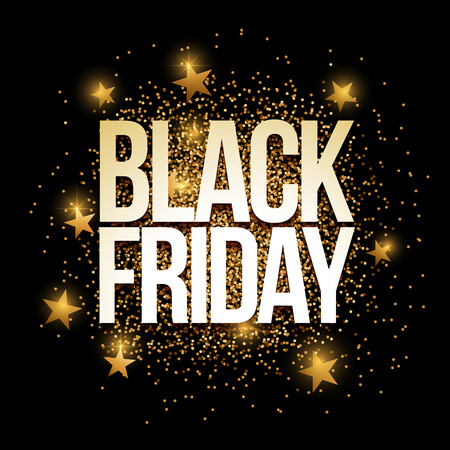 Black Friday banner with gold glitter. Vector illustration. Elements are layered separately in vector file.のイラスト素材