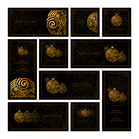 Vector Christmas black greeting card set with abstract swirl Christmas balls.のイラスト素材