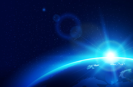 Sun raising over the blue planet earth. Vector illustration.のイラスト素材