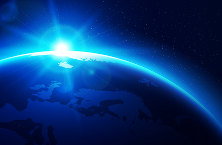 Sun raising over the blue planet earth. Vector illustration.のイラスト素材
