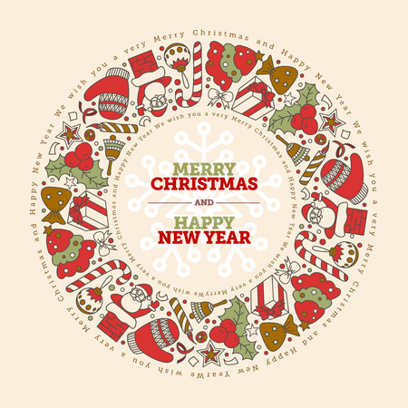 Christmas and New Year Greeting Card Design Template. Hand drawn doodles with pastel Christmas colors.のイラスト素材