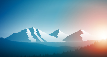 Sunrise in the mountain chain and forest. Vector landscape illustration. Elements are layered separately in vector file.のイラスト素材