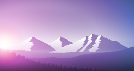 Sunrise in the mountain chain and forest. Vector landscape illustration. Elements are layered separately in vector file.のイラスト素材
