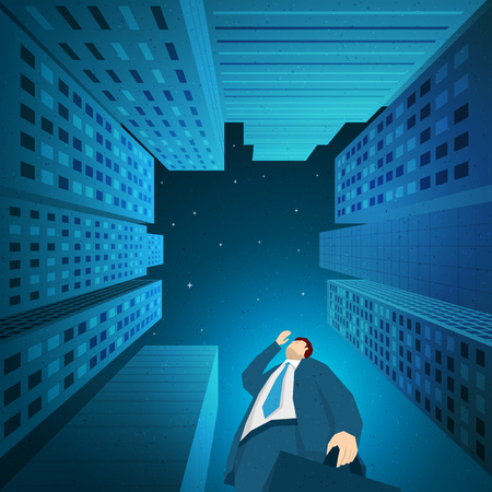 Businessman is looking for something between skyscrapers in downtown. Elements are layered separately in vector file. Easy editable.のイラスト素材