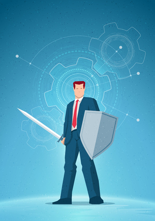 Business concept illustration. Businessman holding a sword and shield. Gear drawings on background. Elements are layered separately in vector file.のイラスト素材