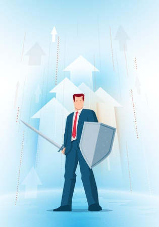 Business concept illustration. Businessman holding a sword and shield. Rising arrow symbols on background. Elements are layered separately in vector file.のイラスト素材