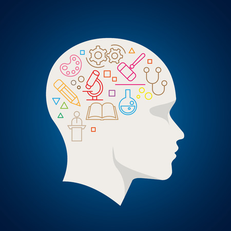 Vector all sciences symbols in human brain. Concept illustration.のイラスト素材
