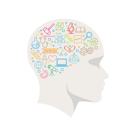 Vector all sciences symbols in human brain. Concept illustration.のイラスト素材