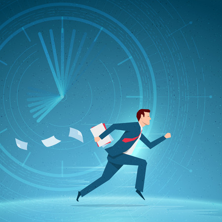 Business concept illustration. Businessman running in a hurry with papers. Elements are layered separately in vector file.のイラスト素材