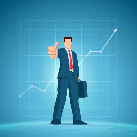 Business concept illustration. Businessmen showing all right, OK hand sign gesture. Rising chart on the blue background. Elements are layered separately in vector file.のイラスト素材