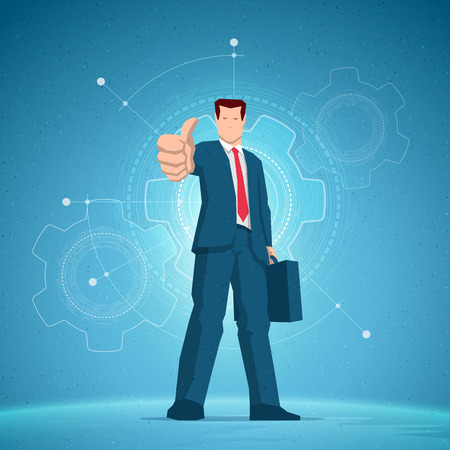 Business concept illustration. Businessmen showing all right, OK hand sign gesture. Cogwheel mechanism draw on the blue background. Elements are layered separately in vector file.のイラスト素材